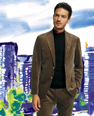 スーツスタイルにも合わせやすいモックネックニット