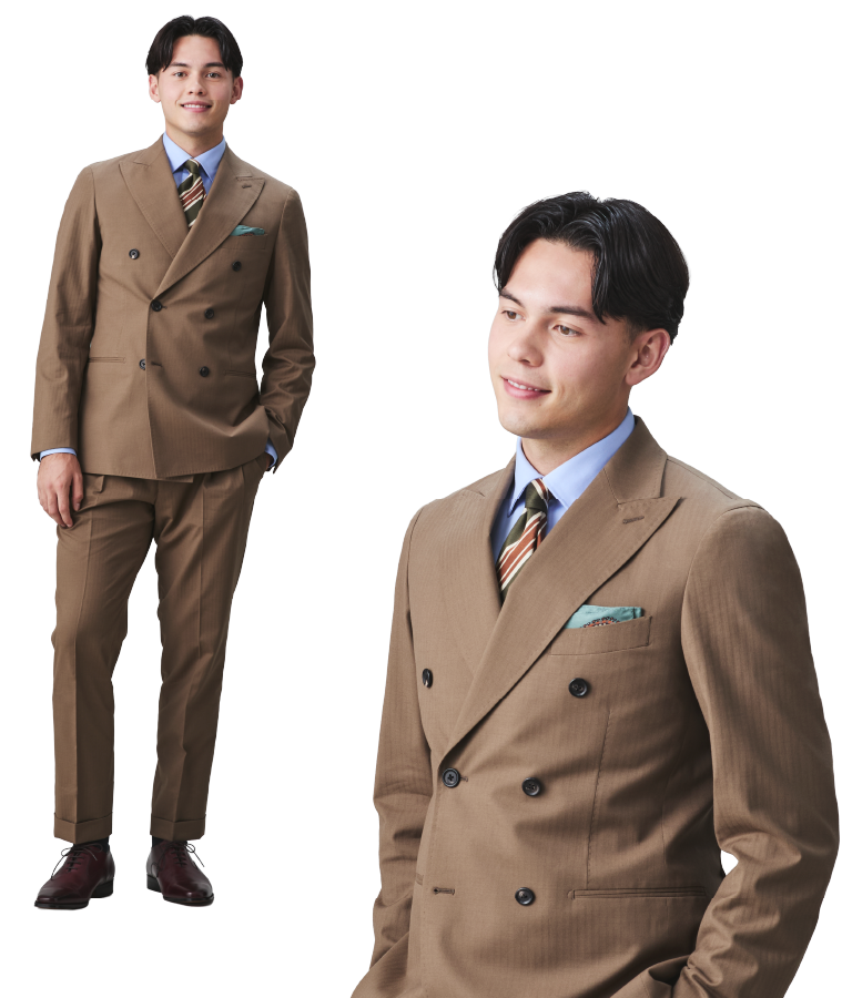 ベージュのダブルブレストスーツを着た男性