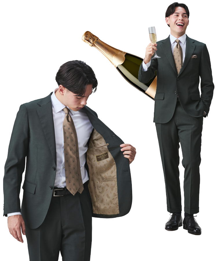 グリーンのオーダースーツを着こなす男性