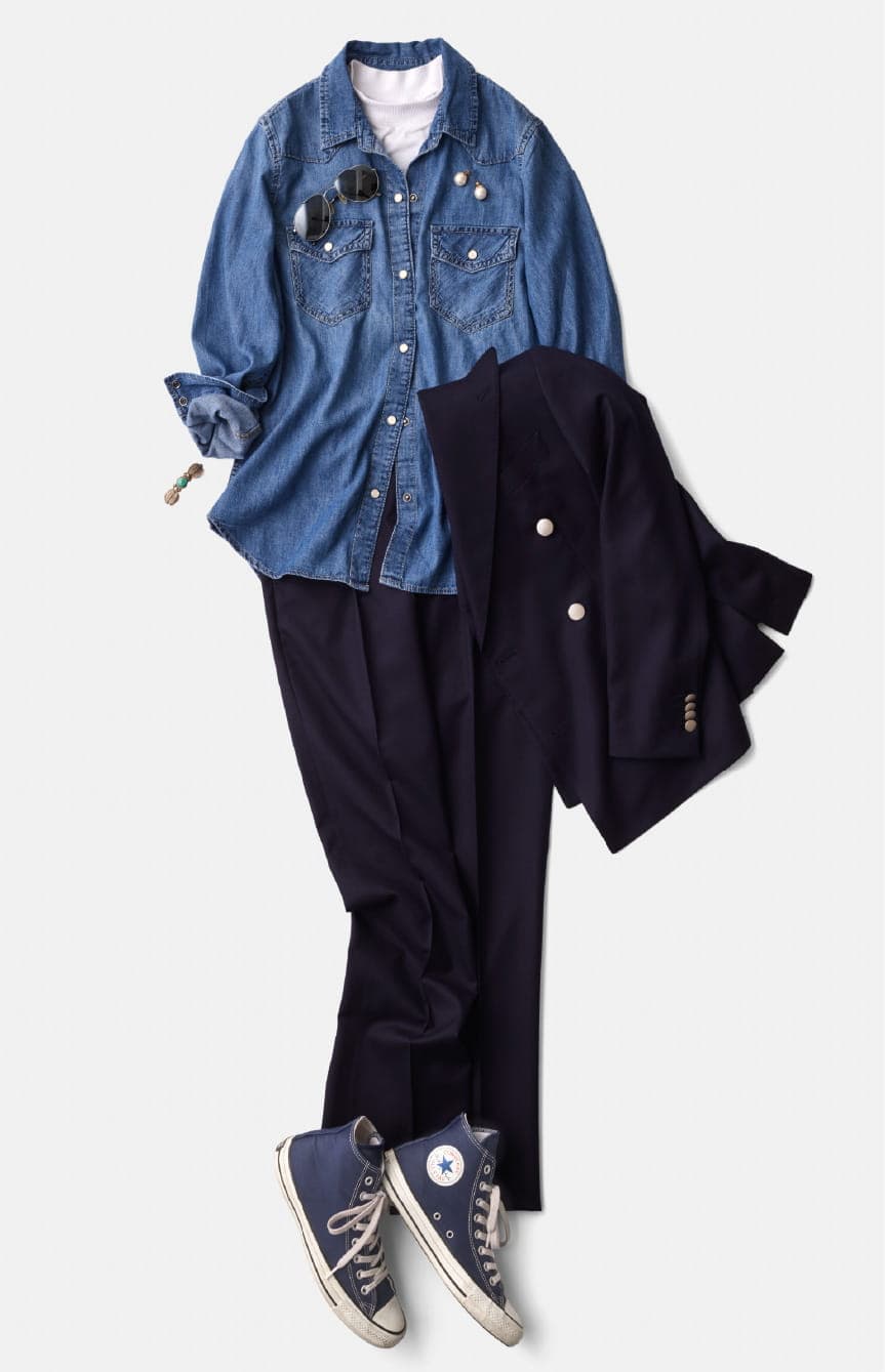 カジュアルなのにきちんと見えるデニシャツコーデ