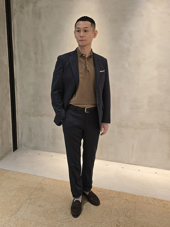 千鳥柄セットアップ×ブラウンポロ