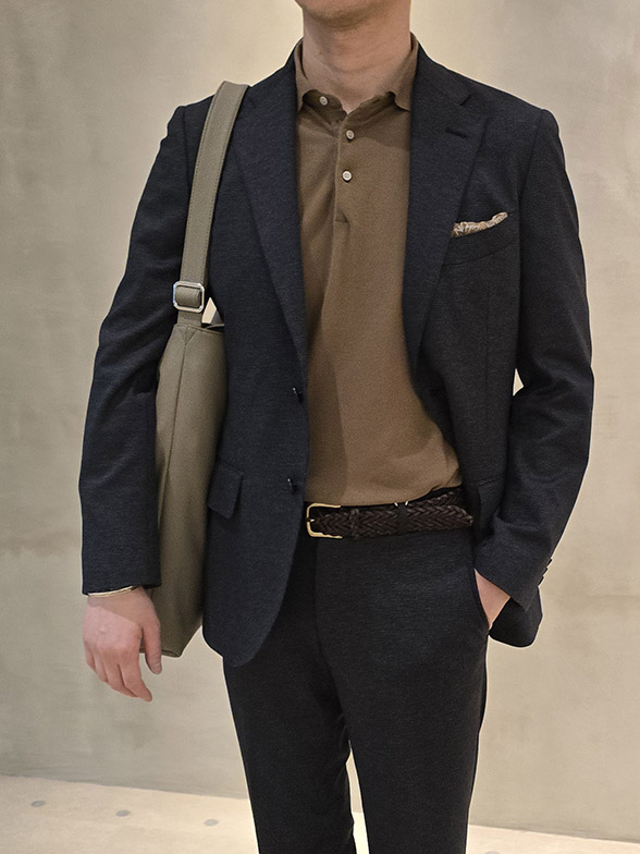 千鳥柄セットアップ×ブラウンポロ