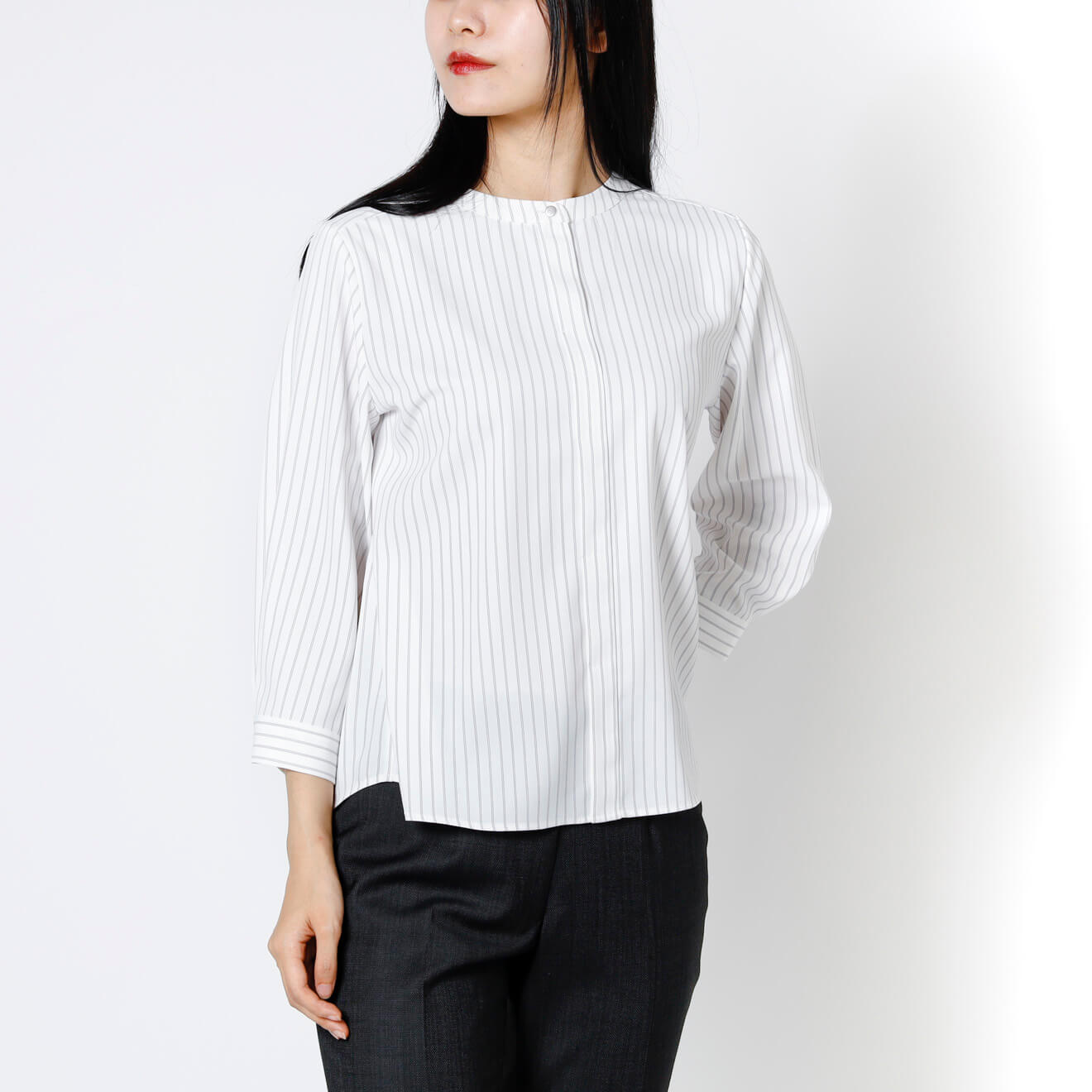 七分袖 / バンドカラーホワイトストライプブラウス
