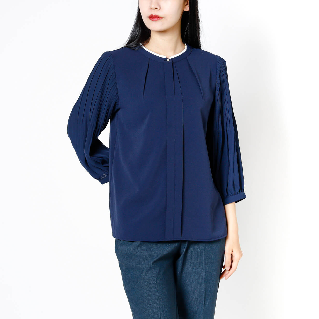 七分袖 / スリーブプリーツ入りブラウス ネイビー