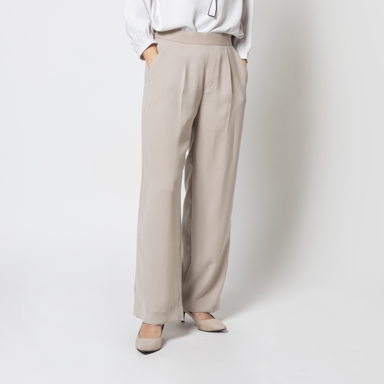ワンタックストレッチワイドパンツ ベージュ無地